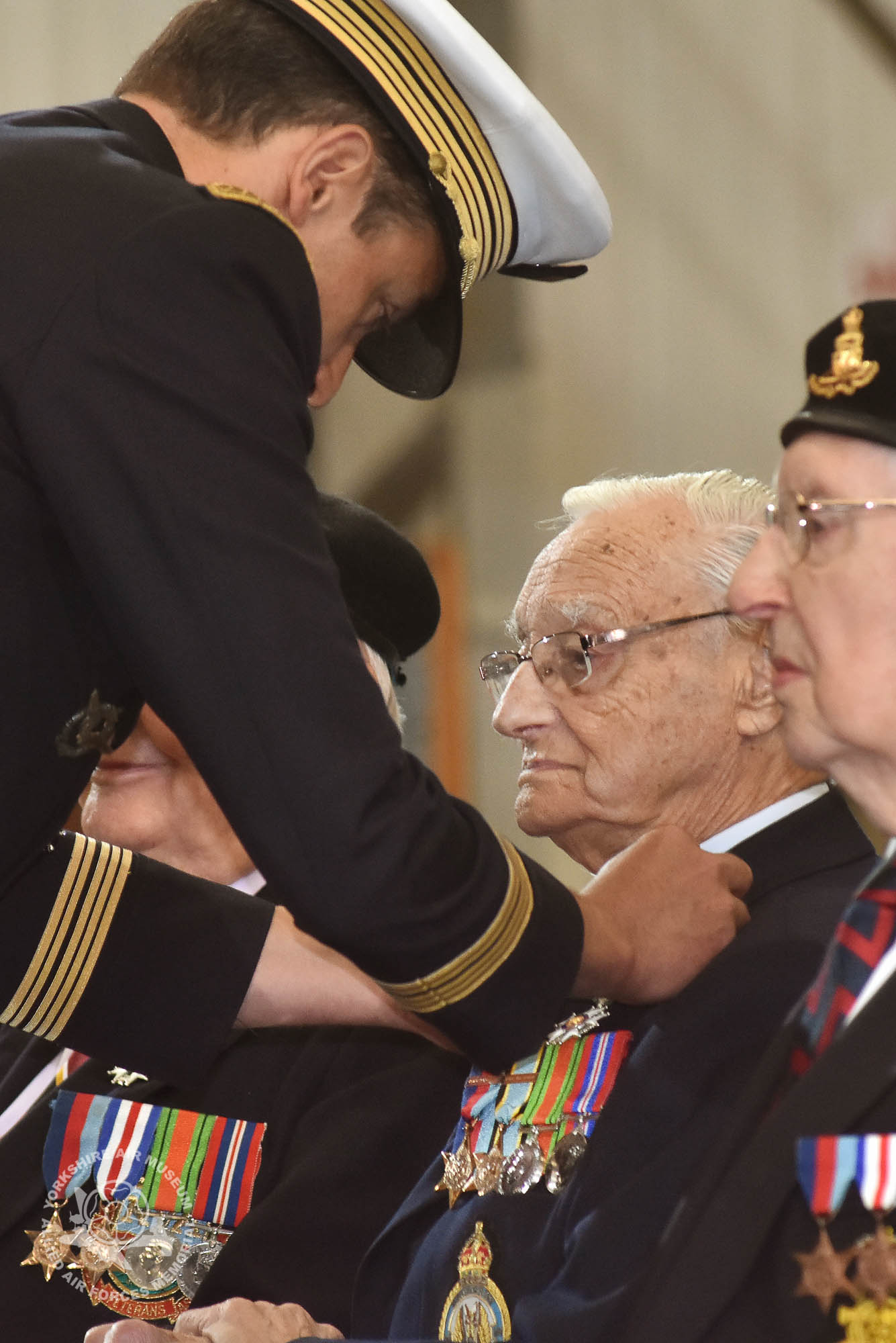 Legion d'Honneur medals presented to 21 Normandy Veterans at Yorkshire Air Museum on Sunday 22nd May, 2016. Pictured is Norman Berryman of Heworth, York, Warrant Officer, RAF, who recieved the medal from Colonel Bruno Cunat, French Liasion Officer to the Ministry of Defence. Picture David Harrison/ Yorkshire Air Museum. (Warrant Officer RAF. Completed 31 Ops on Lancaster Bombers with 15 Sqn. Between 5th May 44 and 10th July 44 took part in 15 Ops against 'Fortress Europe' with targets that included coastal guns, railway tracks and yards, enemy troop concentrations and communications, enemy tank concentrations and flying bomb sites. )