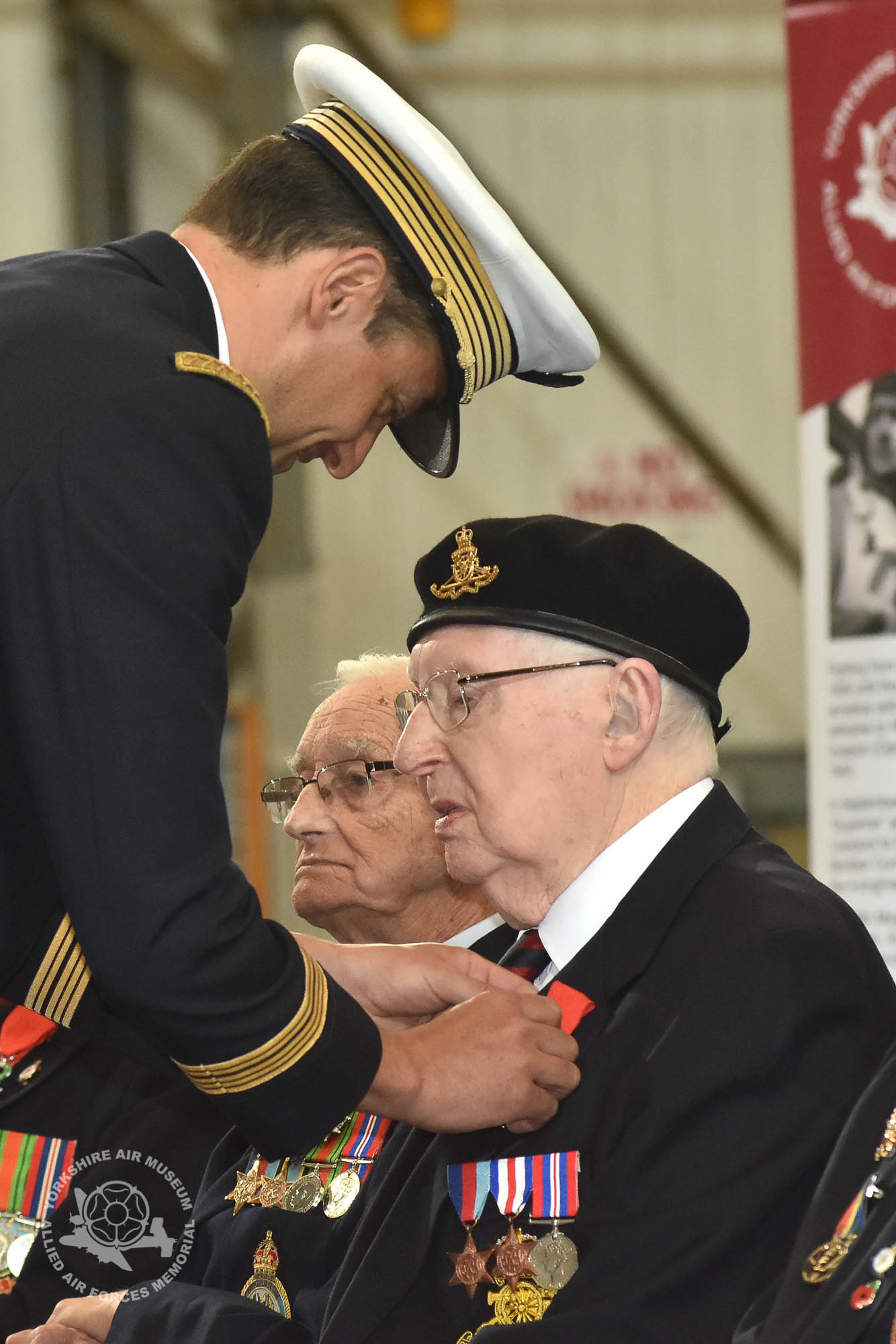 Legion d'Honneur medals presented to 21 Normandy Veterans at Yorkshire Air Museum on Sunday 22nd May, 2016. Pictured is Kenneth R Charlton of Laceby, Lincolnshire, Gunner Royal Artillery, Radio Operator, 86 Anti-Tank RegimentRA who recieved the medal from Colonel Bruno Cunat, French Liasion Officer to the Ministry of Defence. Picture David Harrison/ Yorkshire Air Museum.
