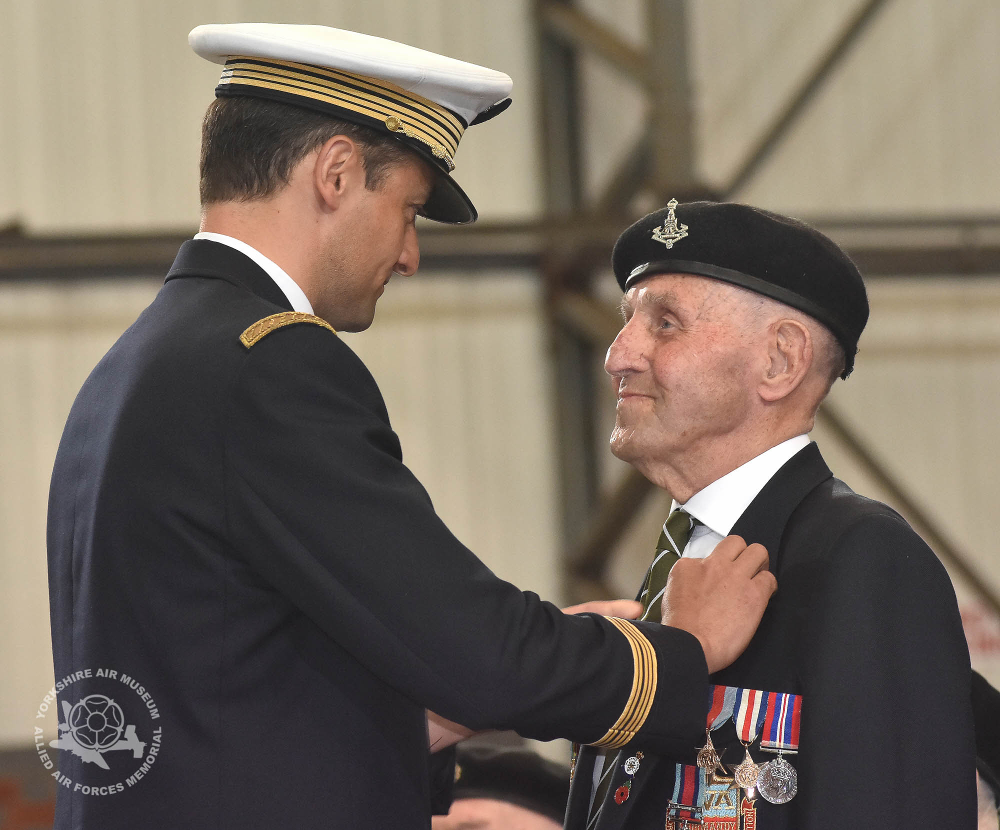 Legion d'Honneur medals presented to 21 Normandy Veterans at Yorkshire Air Museum on Sunday 22nd May, 2016. Pictured is Kenneth Cooke of York, Private 7th Battalion The Green Howards (Normandy from 6th June 44, Gold Beach until July 14th when wounded) who recieved the medal from Colonel Bruno Cunat, French Liasion Officer to the Ministry of Defence. Picture David Harrison/ Yorkshire Air Museum.