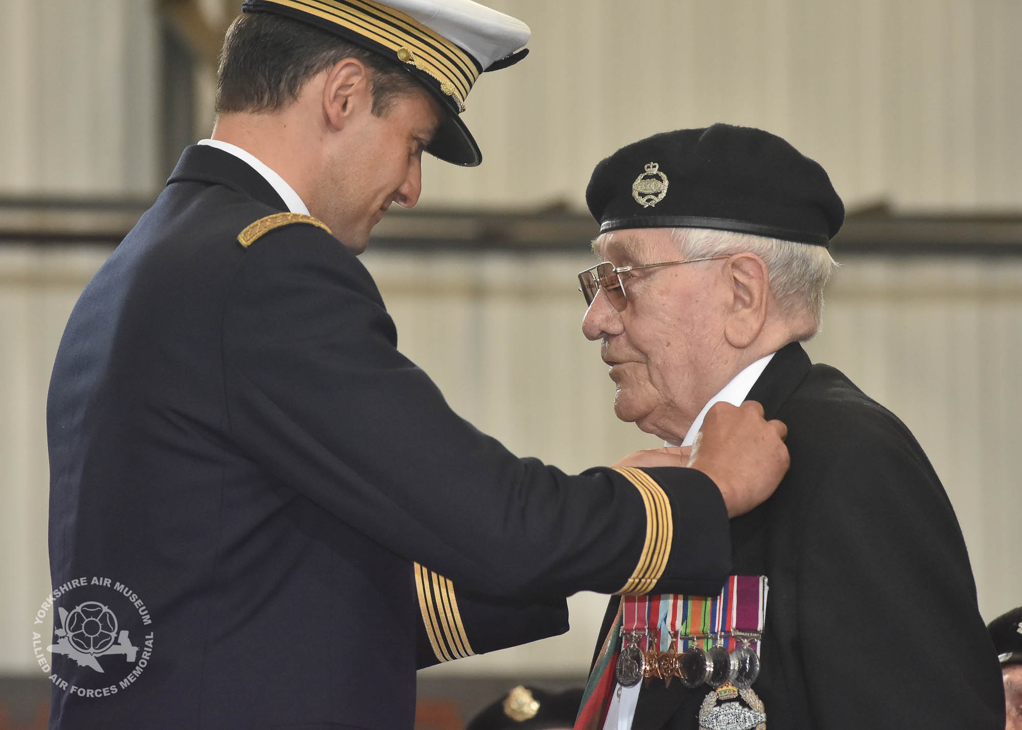 Legion d'Honneur medals presented to 21 Normandy Veterans at Yorkshire Air Museum on Sunday 22nd May, 2016. Pictured is Douglas Dawson of Throckley, Newcstle-upon-Tyne who recieved the medal from Colonel Bruno Cunat, French Liasion Officer to the Ministry of Defence. Picture David Harrison/ Yorkshire Air Museum. (Driver/Despatch Rider - Royal Army Service Corps, Landed Gold Beach 20 June, served thereafter with Headquarters 12 Corps through campaign in Normandy and onwards.)