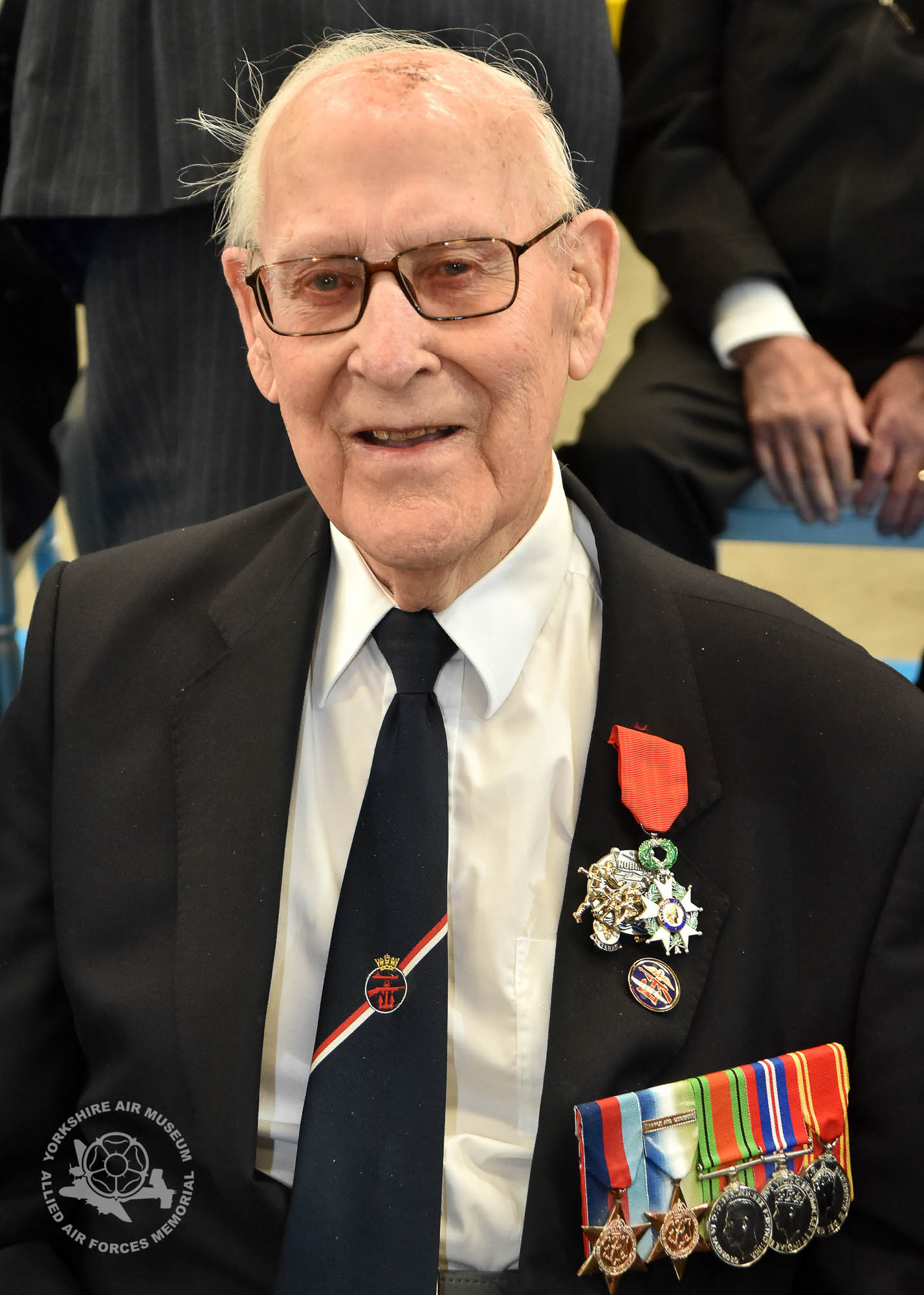 Legion d'Honneur medals presented to 21 Normandy Veterans at Yorkshire Air Museum on Sunday 22nd May, 2016. Pictured is Reginald Deighton of Acomb, York, who recieved the medal from Colonel Bruno Cunat, French Liasion Officer to the Ministry of Defence. Picture David Harrison/ Yorkshire Air Museum. (Able Seaman, Royal Navy, Crewman/Oerlikon gunner on Landing Craft Tank 2345. Landed Juno beach 07.30am 6th June)