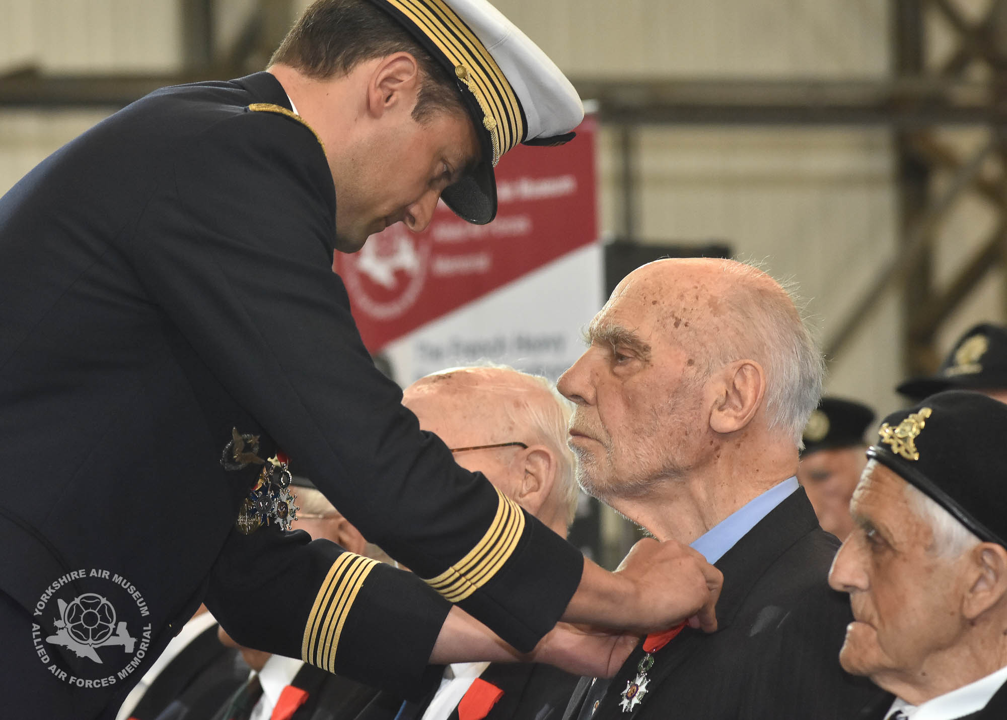 Legion d'Honneur medals presented to 21 Normandy Veterans at Yorkshire Air Museum on Sunday 22nd May, 2016. Pictured is George Graham of Weatherby, who recieved the medal from Colonel Bruno Cunat, French Liasion Officer to the Ministry of Defence. Picture David Harrison/ Yorkshire Air Museum. (Midshopman, Royal Navy, Served on a tank landing craft, transporting US personnel and equipment from England to the invasion beaches, starting D+5 and continuing until the landing craft were no longer required.)