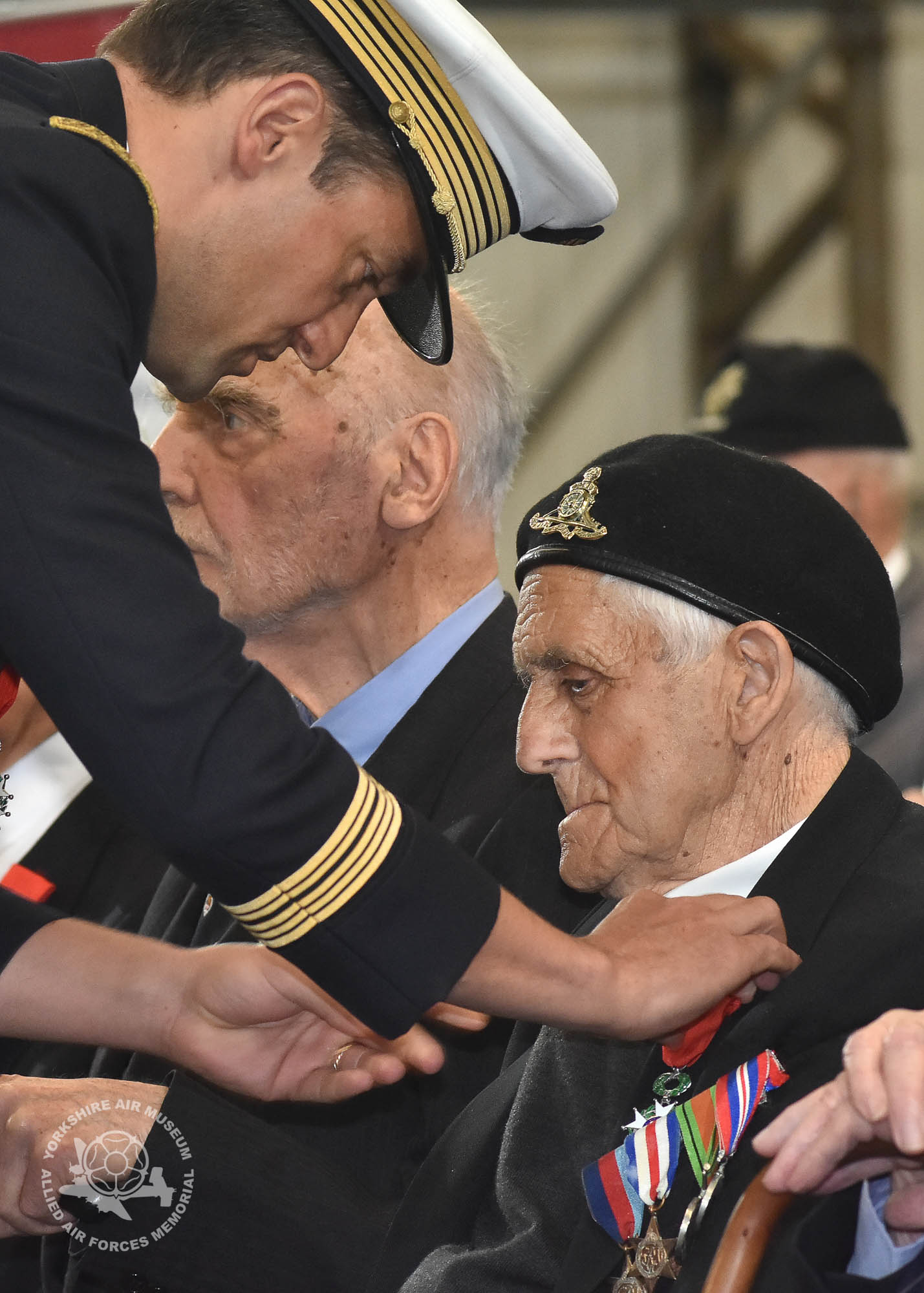 Legion d'Honneur medals presented to 21 Normandy Veterans at Yorkshire Air Museum on Sunday 22nd May, 2016. Pictured is John Graham of York, who recieved the medal from Colonel Bruno Cunat, French Liasion Officer to the Ministry of Defence. Picture David Harrison/ Yorkshire Air Museum. (Gunner, Royal Artillery, Army, Landed on Gold beach on 09.06.44 serving with Royal Artillery under Major Edward Heath who later became Prime Minister. Part of a Line Reinforcing unit. Served continuously from advance to breakout at the Rhine crossing. Advanced on Dortmund, then Hamelin, later serving as a Prisoner Of War guard outside Hanover)