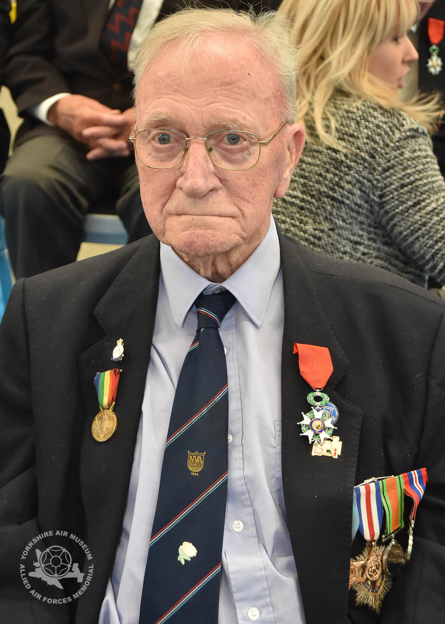 Legion d'Honneur medals presented to 21 Normandy Veterans at Yorkshire Air Museum on Sunday 22nd May, 2016. Pictured is Dennis James Haydock of Strensall, York, who recieved the medal from Colonel Bruno Cunat, French Liasion Officer to the Ministry of Defence. Picture David Harrison/ Yorkshire Air Museum. (Guardsman, Coldstream Guards. Gunner in Sherman Tank, 2nd Battalion Coldstreasm Guards, Guards Armoured Division. Landed Normandy 30 June, later wounded in action, recuperated in UK before returning to his battalion.)