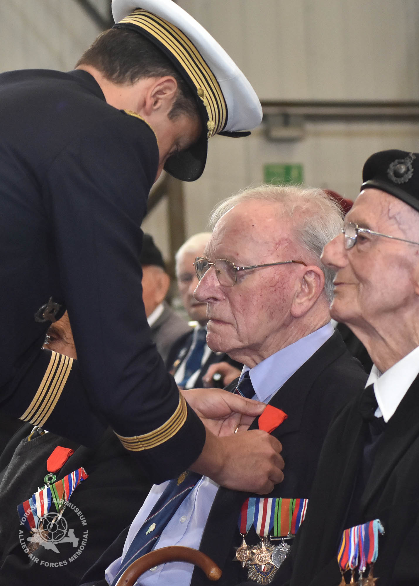 Legion d'Honneur medals presented to 21 Normandy Veterans at Yorkshire Air Museum on Sunday 22nd May, 2016. Pictured is Dennis James Haydock of Strensall, York, who recieved the medal from Colonel Bruno Cunat, French Liasion Officer to the Ministry of Defence. Picture David Harrison/ Yorkshire Air Museum. (Guardsman, Coldstream Guards. Gunner in Sherman Tank, 2nd Battalion Coldstreasm Guards, Guards Armoured Division. Landed Normandy 30 June, later wounded in action, recuperated in UK before returning to his battalion.)