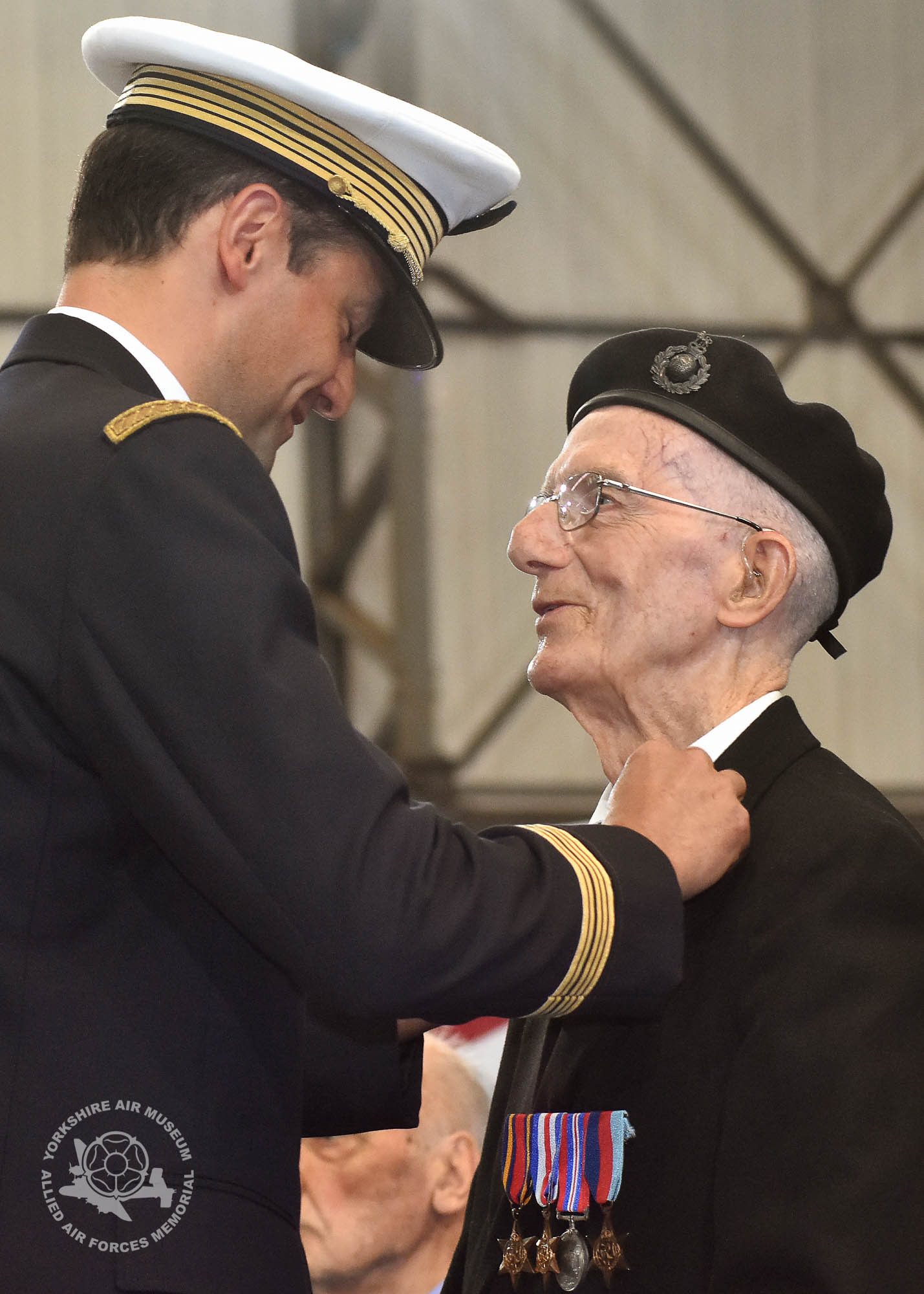 Legion d'Honneur medals presented to 21 Normandy Veterans at Yorkshire Air Museum on Sunday 22nd May, 2016. Pictured is Dennis James Joseph Healey of Middleton, Manchester, who recieved the medal from Colonel Bruno Cunat, French Liasion Officer to the Ministry of Defence. Picture David Harrison/ Yorkshire Air Museum. (Corporal, Royal MArines. Coxswain on landing craft at Juno beach. Made several crossing until the landing craft was damaged. Remained in France for 10 days until returning to the UK)