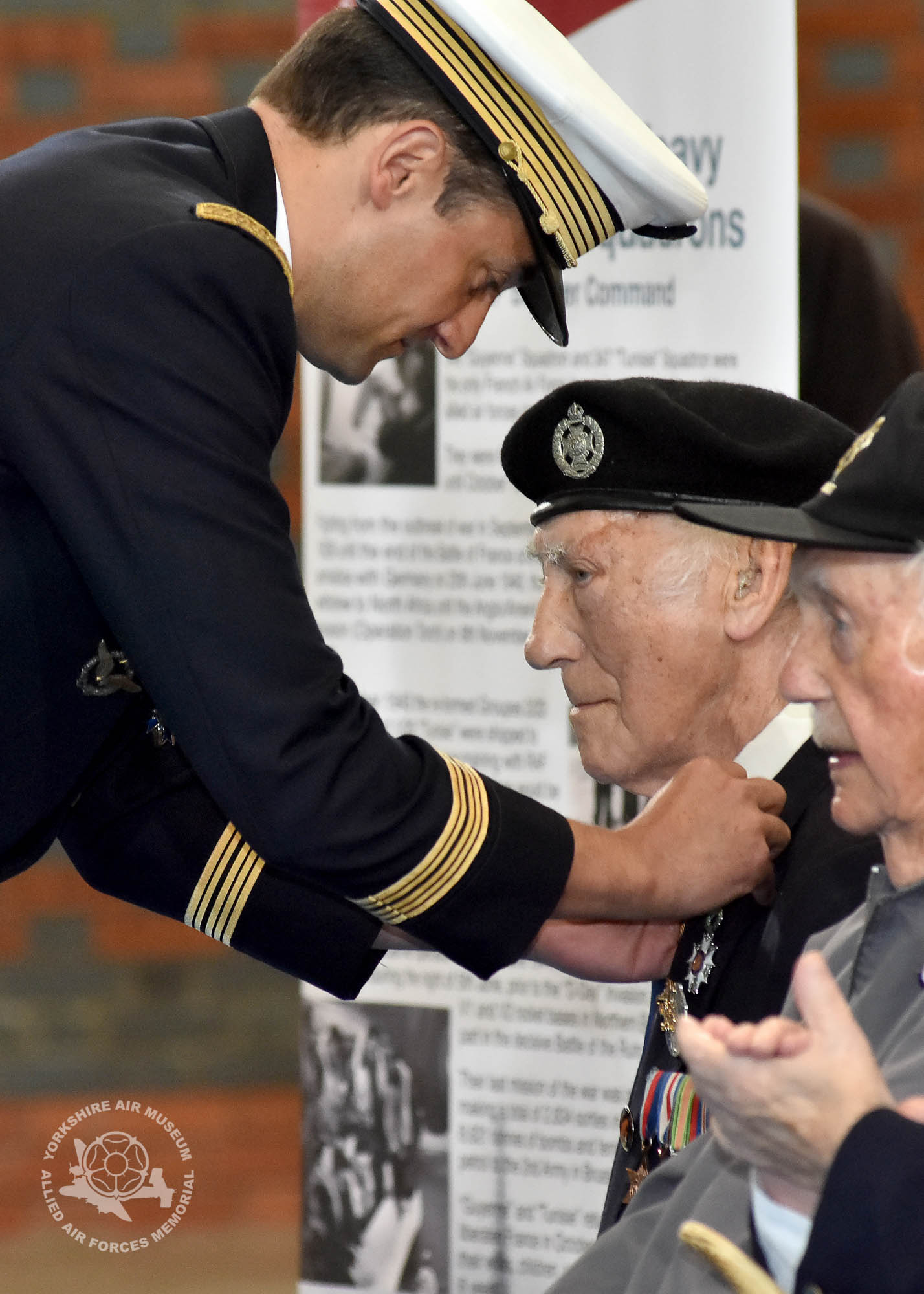 Legion d'Honneur medals presented to 21 Normandy Veterans at Yorkshire Air Museum on Sunday 22nd May, 2016. Pictured is Horace Hodgson of manor Mount, Leeds, who recieved the medal from Colonel Bruno Cunat, French Liasion Officer to the Ministry of Defence. Picture David Harrison/ Yorkshire Air Museum. (Rifleman, Rifle Brigade. Landed Gold Beach and on to Bayeux, Caen, Falaise to the River Seine where he was wounded in the head)
