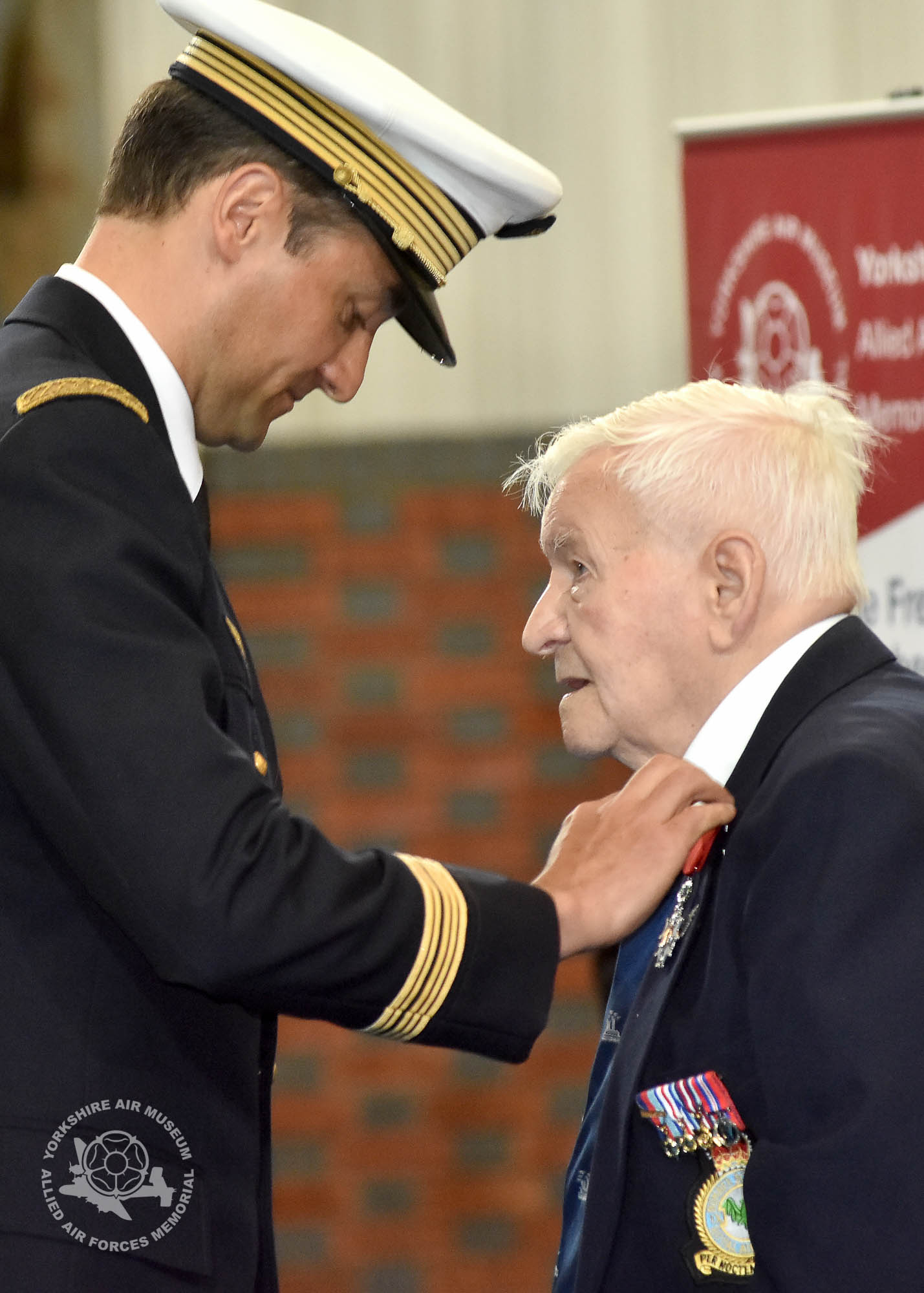 Legion d'Honneur medals presented to 21 Normandy Veterans at Yorkshire Air Museum on Sunday 22nd May, 2016. Pictured is Kenneth Alfred Johnson of Balby, Doncaster, who recieved the medal from Colonel Bruno Cunat, French Liasion Officer to the Ministry of Defence. Picture David Harrison/ Yorkshire Air Museum. (Warrant Officer 61 Sqn Bomber Command, RAF. Served as a Mid Upper Gunner in 61 Sqn from Mid June until November 1944 in support of Allied Landings and the advance through France towards Belgium attackign numerous targets in Normandy and beyond including V1 sites and German military targets.)
