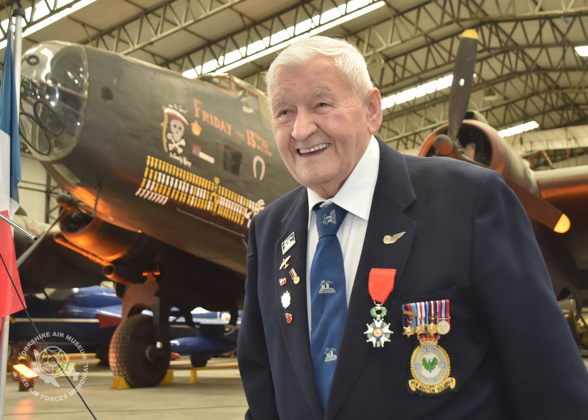 Legion d'Honneur medals presented to 21 Normandy Veterans at Yorkshire Air Museum on Sunday 22nd May, 2016. Pictured is Kenneth Alfred Johnson of Balby, Doncaster, who recieved the medal from Colonel Bruno Cunat, French Liasion Officer to the Ministry of Defence. Picture David Harrison/ Yorkshire Air Museum. (Warrant Officer 61 Sqn Bomber Command, RAF. Served as a Mid Upper Gunner in 61 Sqn from Mid June until November 1944 in support of Allied Landings and the advance through France towards Belgium attackign numerous targets in Normandy and beyond including V1 sites and German military targets.)