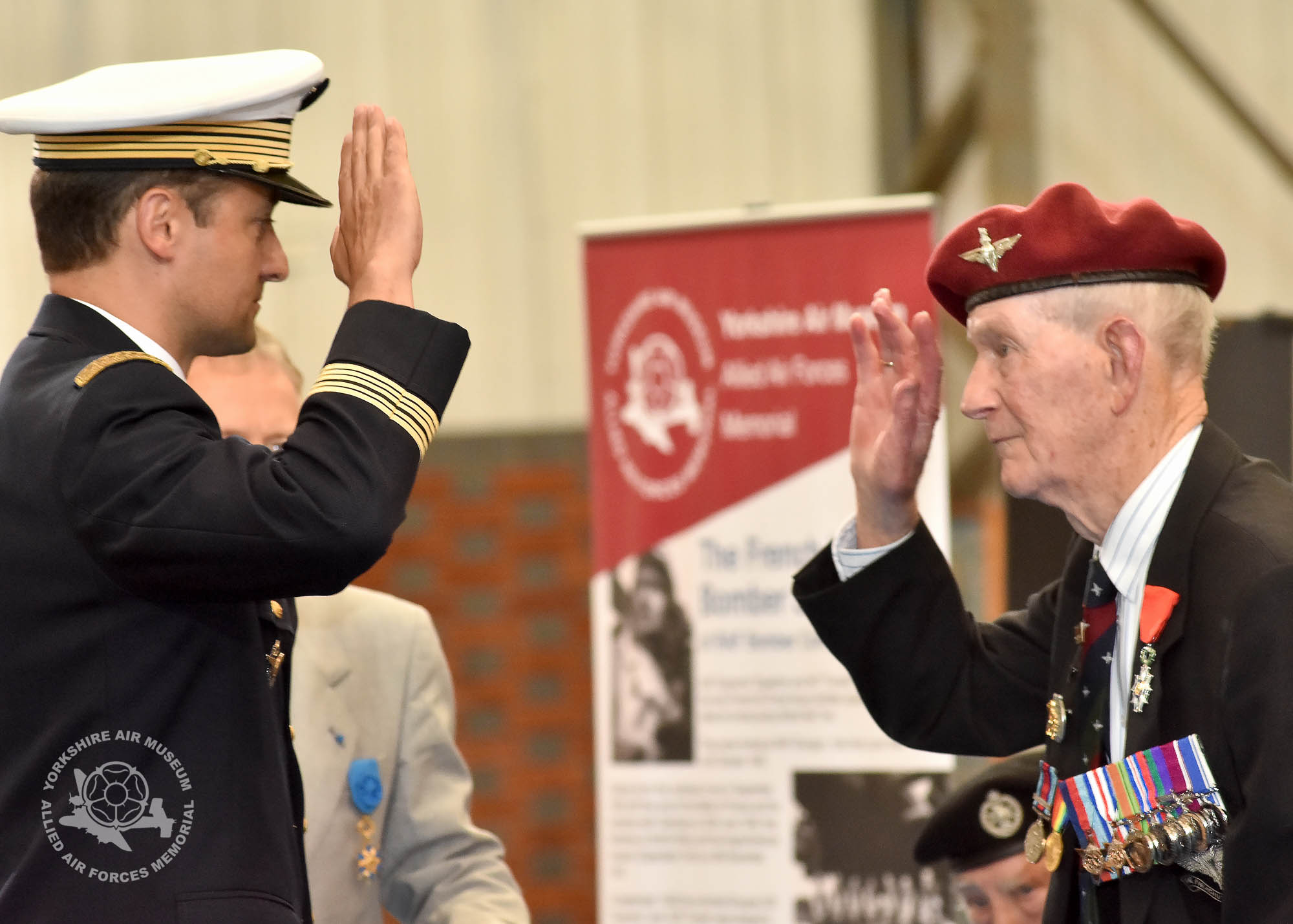 Legion d'Honneur medals presented to 21 Normandy Veterans at Yorkshire Air Museum on Sunday 22nd May, 2016. Pictured is James Matthew Johnston of Amble, Morpeth, who recieved the medal from Colonel Bruno Cunat, French Liasion Officer to the Ministry of Defence. Picture David Harrison/ Yorkshire Air Museum. (Corporal 22 Independant Pathfinder Company dropped in advance of main body of 6th Airbourne Division during night of 5-6th June 44 at Ranville).