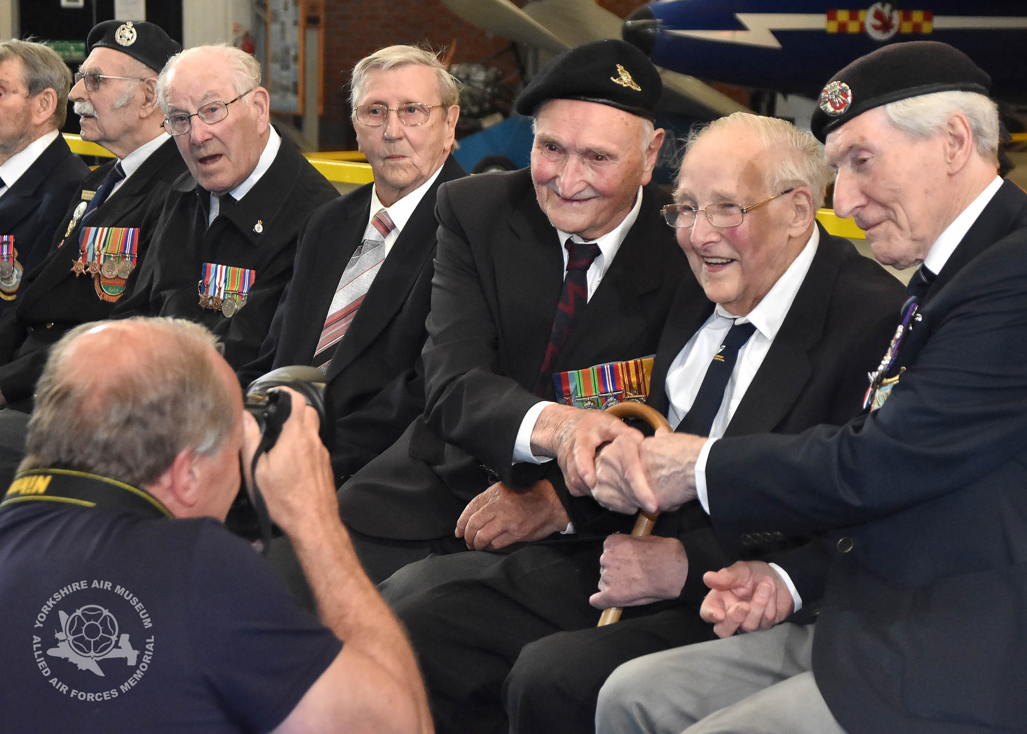 Presentation of the Legion d'Honneur ceremony held at the Yorkshire Air Museum, Elvington, on Sunday 22nd September, 2016. Pictured are Bernard John Richardson, Willie Riley and Ken Smith having their photograph taken. Picture David Harrison / Yorkshire Air Museum.