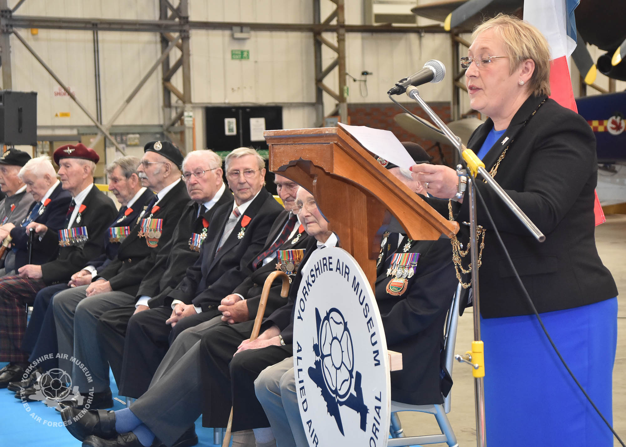 Presentation of the Legion d'Honneur ceremony held at the Yorkshire Air Museum, Elvington, on Sunday 22nd September, 2016. Pictured Lord Mayor of York Councillor Sonja Crisp speaks. Picture David Harrison / Yorkshire Air Museum.