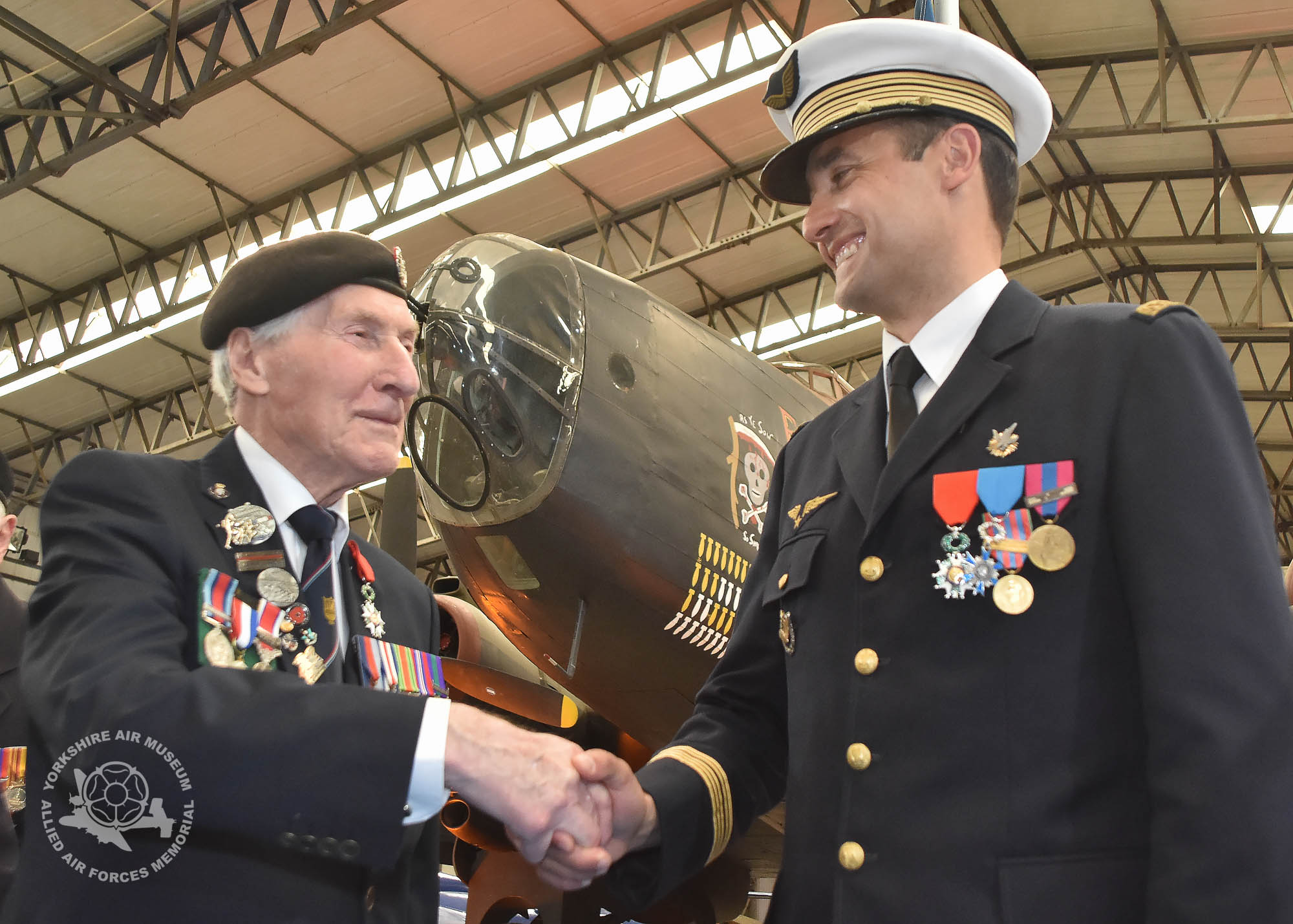 Presentation of the Legion d'Honneur ceremony held at the Yorkshire Air Museum, Elvington, on Sunday 22nd September, 2016. Pictured Ken Smith with Colonel Bruno Cunat. Picture David Harrison / Yorkshire Air Museum.