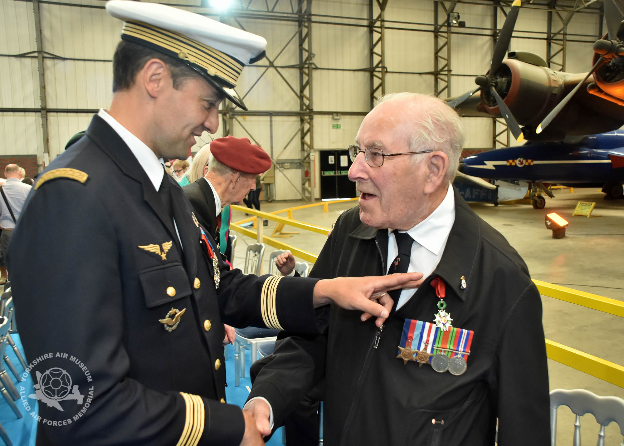 Presentation of the Legion d'Honneur ceremony held at the Yorkshire Air Museum, Elvington, on Sunday 22nd September, 2016. Pictured Ernest Naylor with Colonel Bruno Cunat. Picture David Harrison / Yorkshire Air Museum.