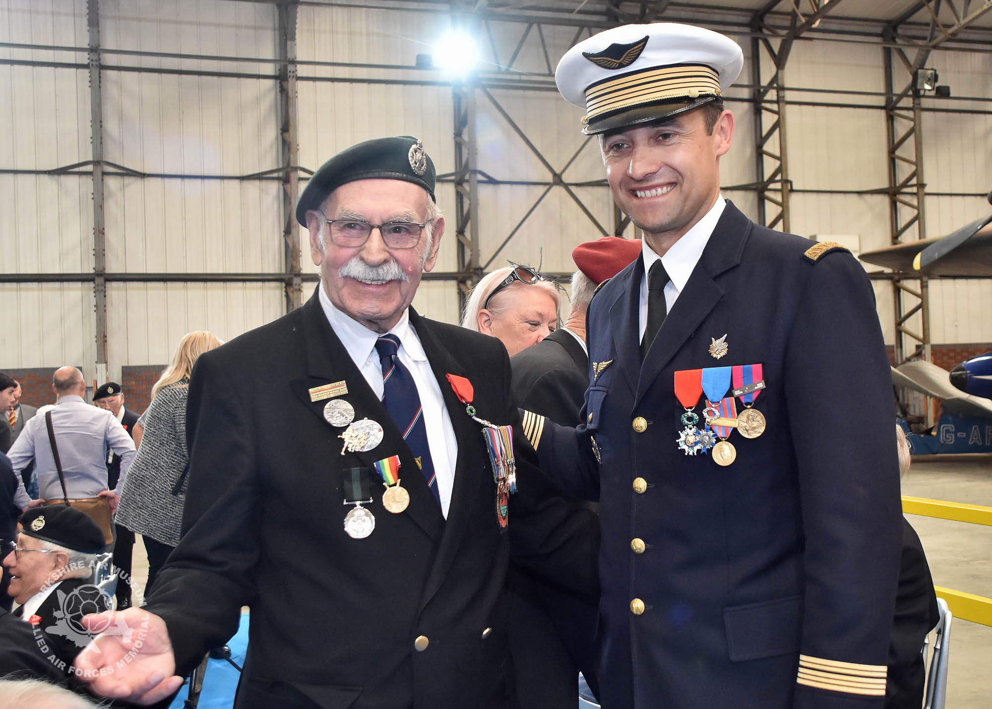 Presentation of the Legion d'Honneur ceremony held at the Yorkshire Air Museum, Elvington, on Sunday 22nd September, 2016. Pictured George Edward Meredith with Colonel Bruno Cunat. Picture David Harrison / Yorkshire Air Museum.