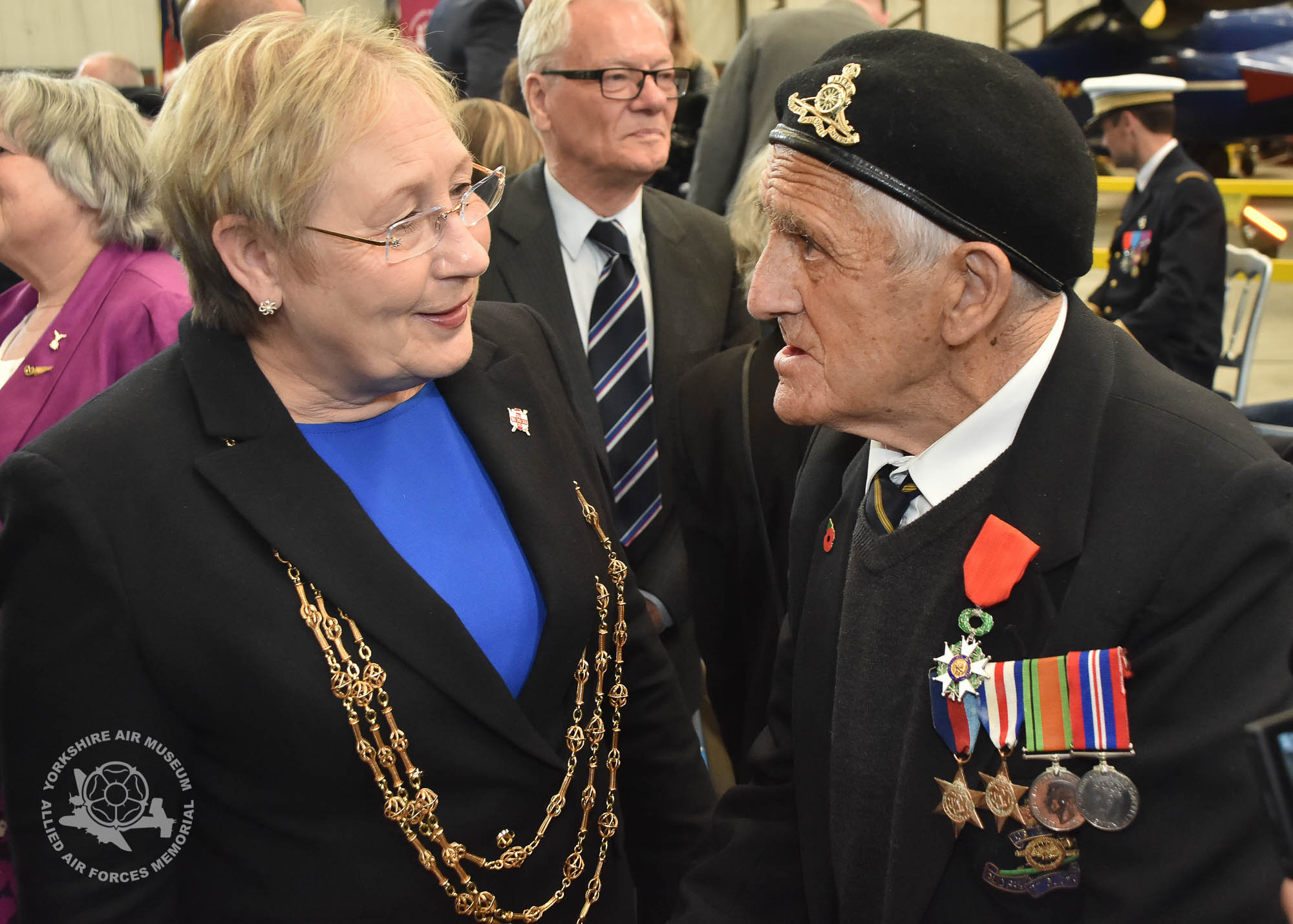 Presentation of the Legion d'Honneur ceremony held at the Yorkshire Air Museum, Elvington, on Sunday 22nd September, 2016. Pictured is Lord Mayor of York Councillor Sonja Crisp with John Graham. Picture David Harrison / Yorkshire Air Museum.