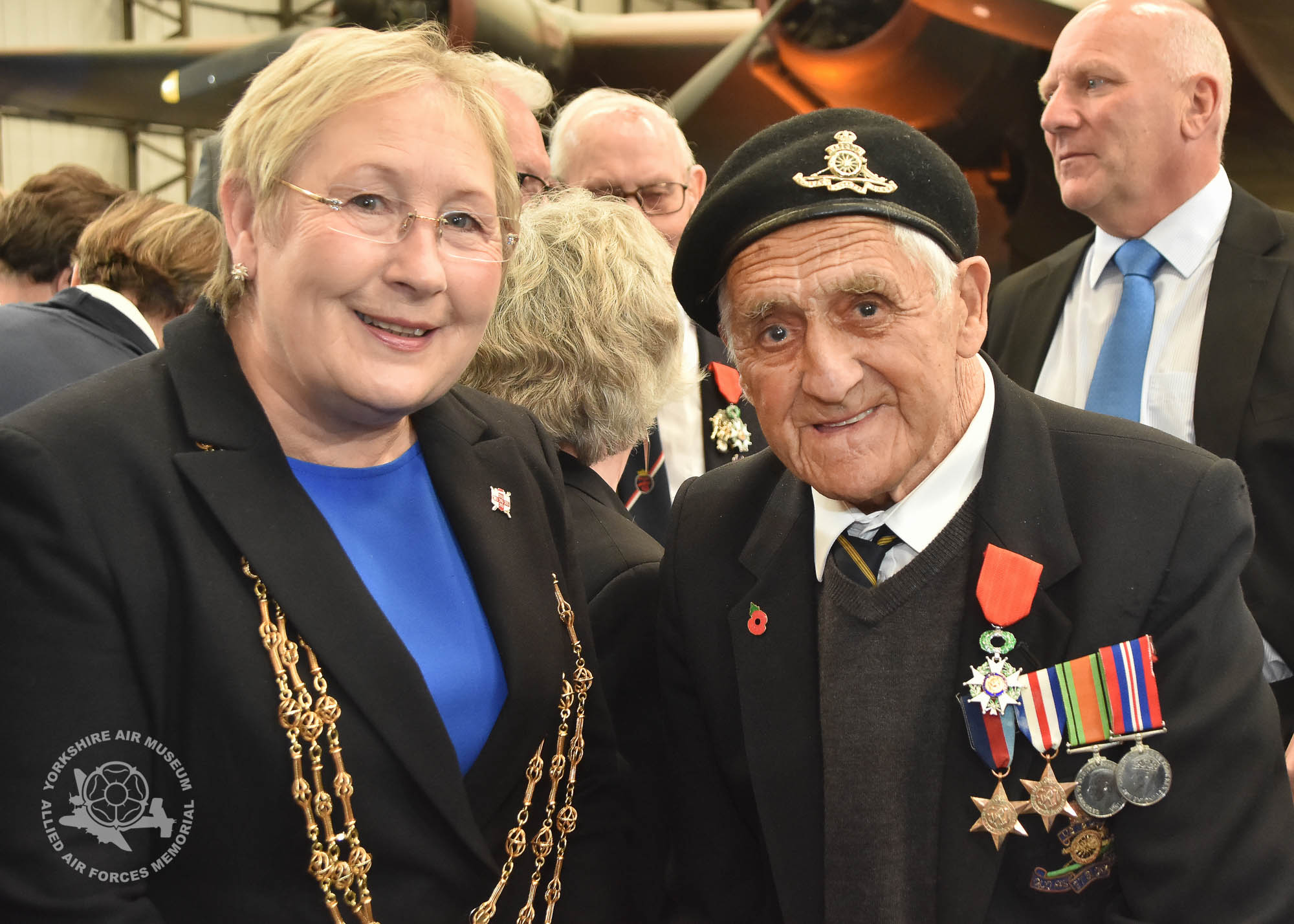 Presentation of the Legion d'Honneur ceremony held at the Yorkshire Air Museum, Elvington, on Sunday 22nd September, 2016. Pictured is Lord Mayor of York Councillor Sonja Crisp with John Graham. Picture David Harrison / Yorkshire Air Museum.
