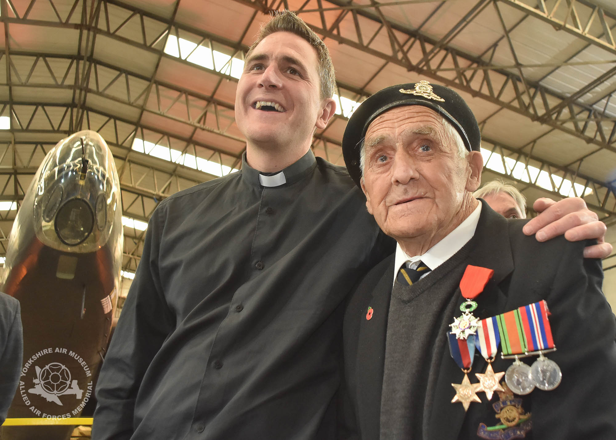Presentation of the Legion d'Honneur ceremony held at the Yorkshire Air Museum, Elvington, on Sunday 22nd September, 2016. Pictured John Graham with the Reverend Matthew Woodcock. Picture David Harrison / Yorkshire Air Museum.