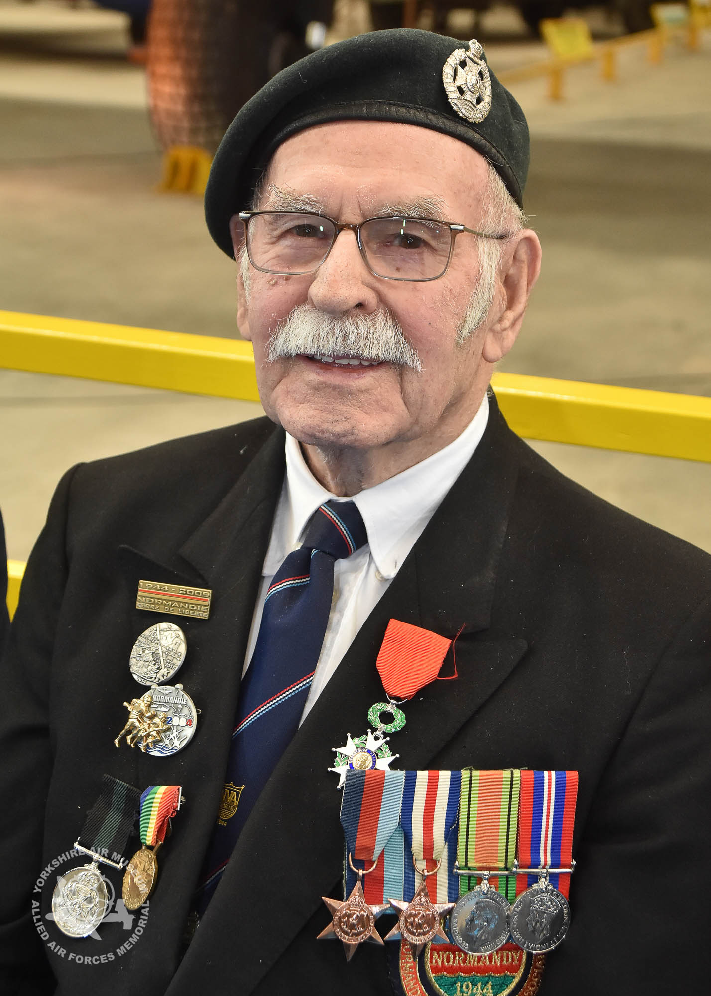 Legion d'Honneur medals presented to 21 Normandy Veterans at Yorkshire Air Museum on Sunday 22nd May, 2016. Pictured is George Edward Meredith of Acomb, York, who recieved the medal from Colonel Bruno Cunat, French Liasion Officer to the Ministry of Defence. Picture David Harrison/ Yorkshire Air Museum. (Private in the Army. Dispatch rider with 11th Armoured Division. Served from 7th June until the end of the campaign.)