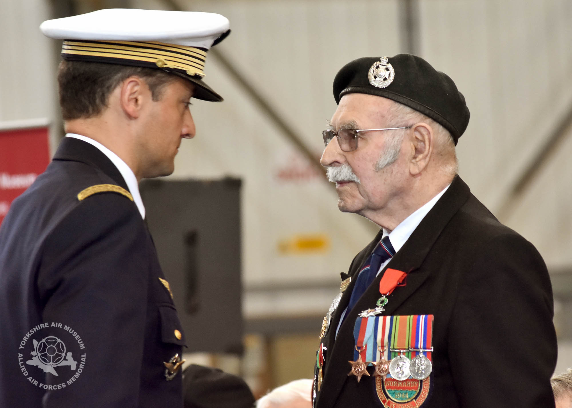 Legion d'Honneur medals presented to 21 Normandy Veterans at Yorkshire Air Museum on Sunday 22nd May, 2016. Pictured is George Edward Meredith of Acomb, York, who recieved the medal from Colonel Bruno Cunat, French Liasion Officer to the Ministry of Defence. Picture David Harrison/ Yorkshire Air Museum. (Private in the Army. Dispatch rider with 11th Armoured Division. Served from 7th June until the end of the campaign.)