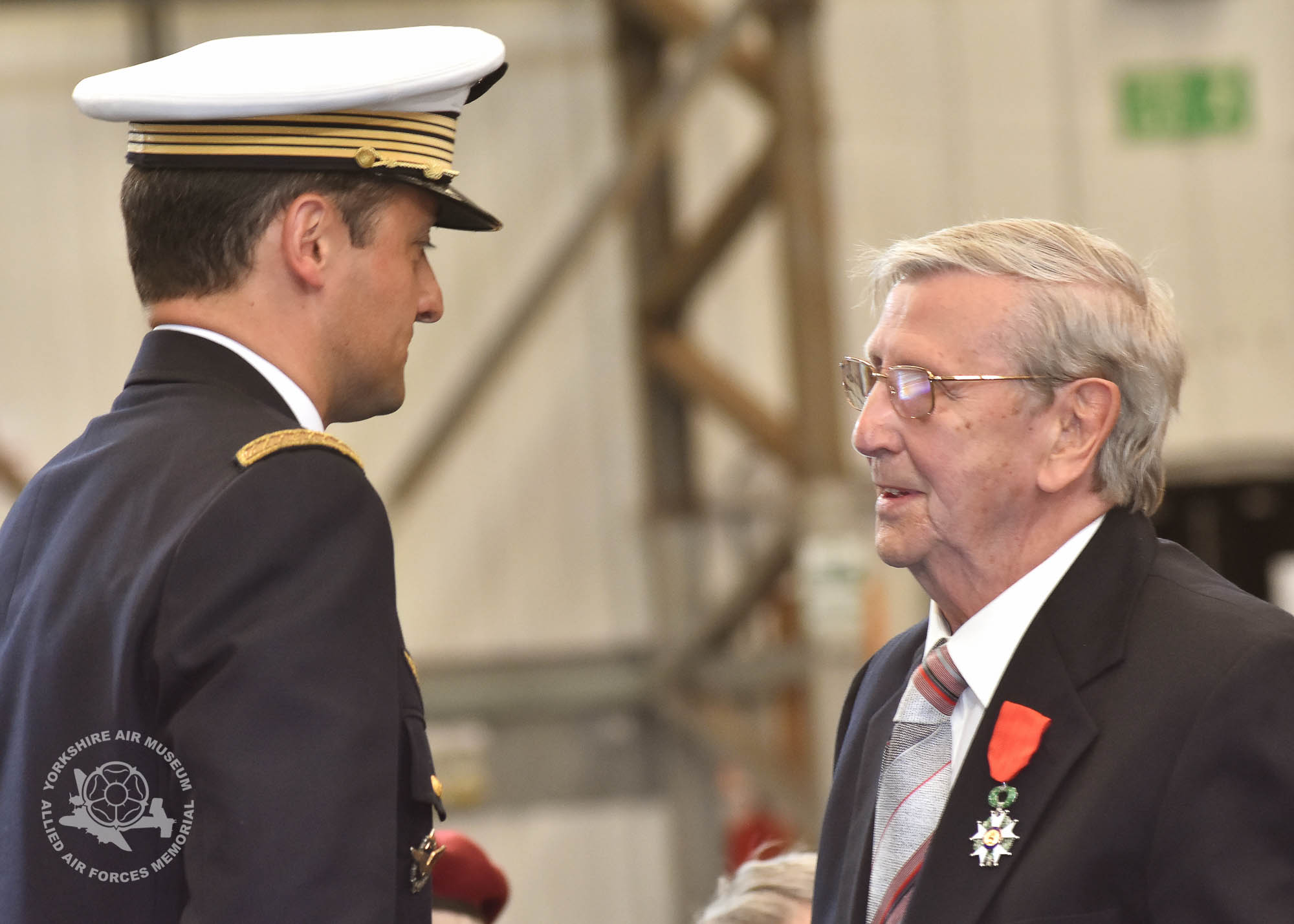 Legion d'Honneur medals presented to 21 Normandy Veterans at Yorkshire Air Museum on Sunday 22nd May, 2016. Pictured is Harry Ramsey of Horsforth, Leeds, who recieved the medal from Colonel Bruno Cunat, French Liasion Officer to the Ministry of Defence. Picture David Harrison/ Yorkshire Air Museum. (Private Royal Army Medical Corps. Landed D-Day on Sword Beach )