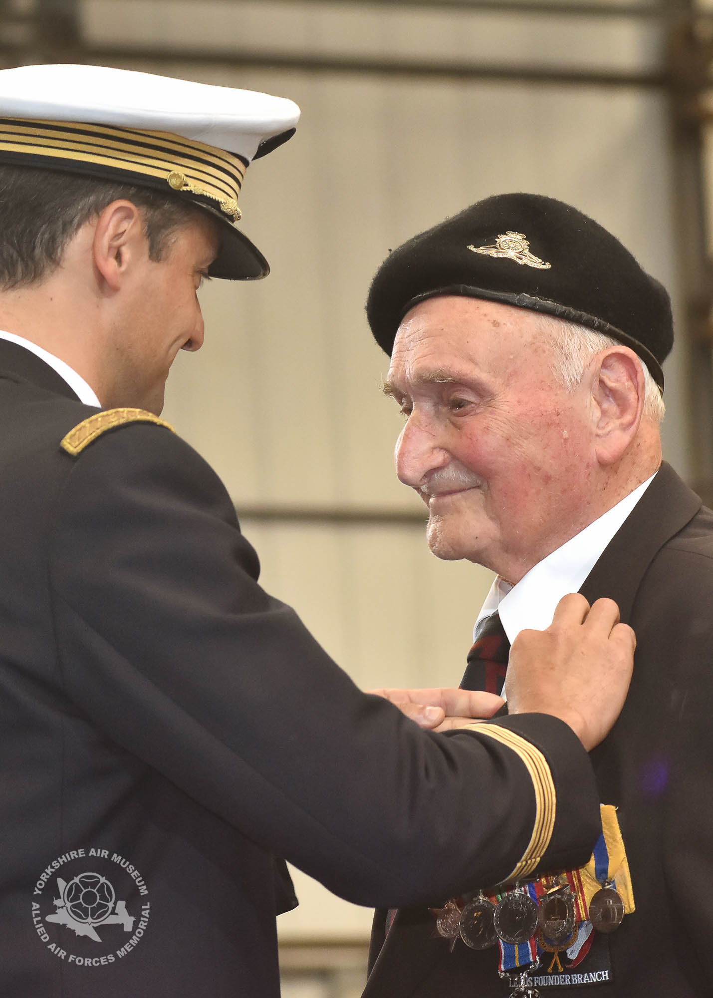 Legion d'Honneur medals presented to 21 Normandy Veterans at Yorkshire Air Museum on Sunday 22nd May, 2016. Pictured is Bernard John Richardson of Mirfield Leeds, who recieved the medal from Colonel Bruno Cunat, French Liasion Officer to the Ministry of Defence. Picture David Harrison/ Yorkshire Air Museum. (Sergeant Royal Artillery in France 1940 at Dunkirk carrying out rearguard action. Escaped at San Rochelle to the UK. Also fought at La Pallice and Saint Nazaire.)