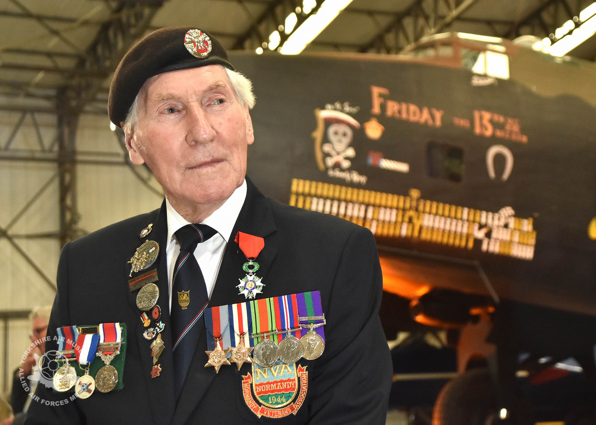Legion d'Honneur medals presented to 21 Normandy Veterans at Yorkshire Air Museum on Sunday 22nd May, 2016. Pictured is Ken Smith of Wheldrake, York, who recieved the medal from Colonel Bruno Cunat, French Liasion Officer to the Ministry of Defence. Picture David Harrison/ Yorkshire Air Museum. (Private 5th BAttalion Duke of Cornwall's Light Infantry. Served in Normandy from D-Day. Wounded in action on 20th October 44 and evacuated by Dakota air ambulance to UK)